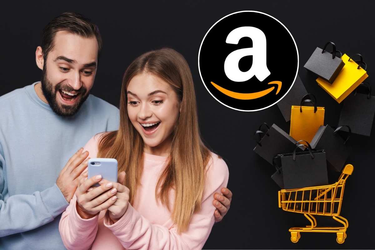 ragazzo e ragazza, carrello e logo amazon