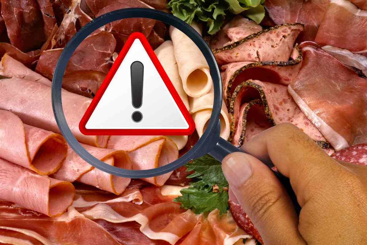 salumi, lente di ingrandimento e segnale attenzione